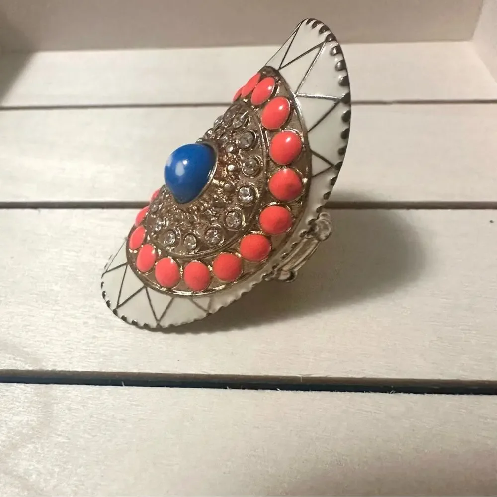 Boho Tribal Chunky Cocktail Ring Oran Blue White Elastic Band